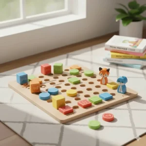 Illustration of a colorful wooden logic board game, a top-rated screen-free coding toy for 5-year-old kids in Canada.