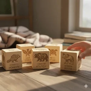 Educational wooden blocks etched with the Seven Sacred Teachings symbols like the Beaver and Eagle, providing a foundation for Indigenous learning.