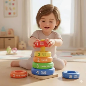 Multicolored stacking rings used as bilingual learning toys to help Canadian kids learn sizes and colors in two languages.