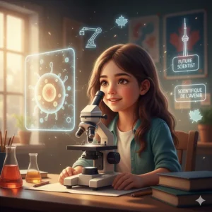 Illustration of a Canadian girl inspired by a microscope, with subtle icons of Canadian icons like the Canadarm in the background.