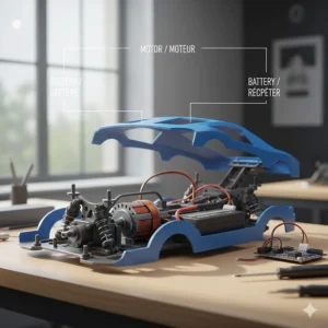 STEM-focused remote control cars for boys illustrating motor mechanics and rechargeable battery tech.