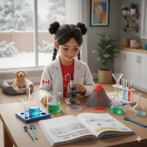 A child conducting a home science experiment using a screen-free educational STEM kit.
