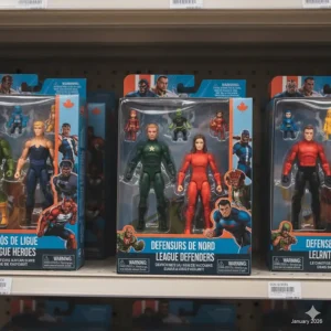 Close-up of superhero toy packaging featuring English and French text for the Canadian market.