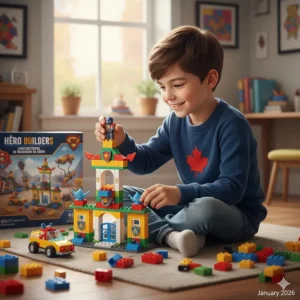An educational superhero-themed building block set designed for creative play for boys in Canada.