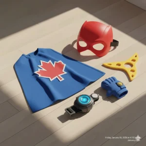 A flat-lay illustration of a superhero mask, cape, and gadget toy set for Canadian kids' role-playing.