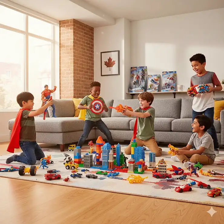 A group of Canadian boys playing with diverse superhero toys and action figures in a bright, modern living room setting.