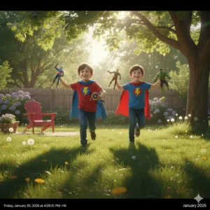 Young boys running through a grassy Canadian backyard wearing superhero capes and holding action figures.