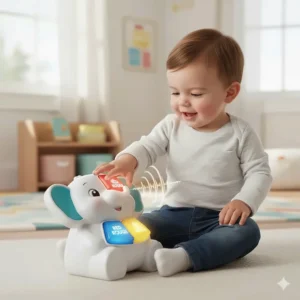 A Canadian toddler engaging with a musical toy that teaches numbers and colors in English and French for the Canadian market.