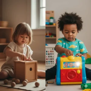 Illustration showing the difference between a battery-operated flashing toy and a simple wooden Montessori object permanence box.