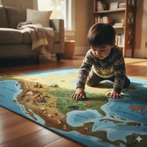 A large, vibrant floor map of Turtle Island designed as a tactile Indigenous learning toy for geography and history in Canadian schools.