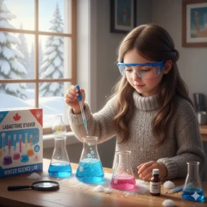 An illustration of an 8 year old conducting a "snow science" chemistry experiment indoors during a Canadian winter.