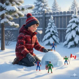 A boy in a winter parka playing with superhero toys in the snow, featuring Canadian winter gear.