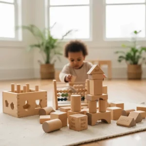 Natural wood blocks for screen-free learning, a popular educational toy for Canadian toddlers.