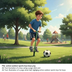 Illustration of a boy using a pogo stick and a soccer ball, highlighting active outdoor sports toys for boys.