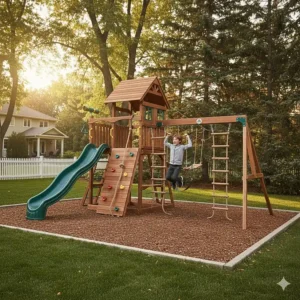 A boy playing on a wooden adventure playset with a rope ladder, climbing wall, and monkey bars.