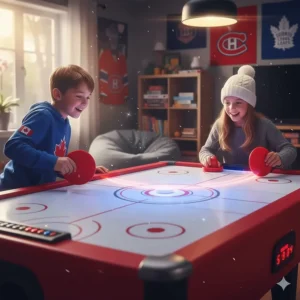 An arcade-style air hockey table showing kids playing—un jeu de hockey sur air pour enfants—perfect for game rooms.