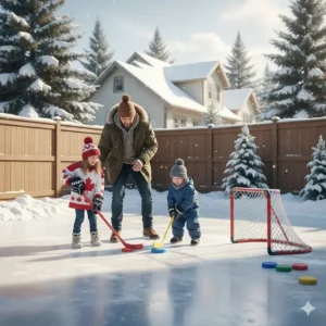 Durable outdoor hockey toys for kids used on a home-made backyard ice rink in a snowy Canadian setting.