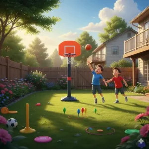 A colorful illustration of a backyard set up with a basketball hoop and lawn darts for boys' outdoor play.