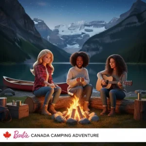 Barbie and friends enjoying a lakeside campfire in the Canadian Rockies with a red canoe.