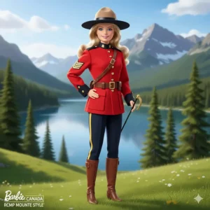A Barbie doll inspired by Canadian heritage themes wearing a red serge style outfit.