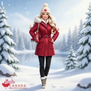 Illustration of a Barbie doll wearing a red maple leaf toque and a stylish parka for a Canadian winter.