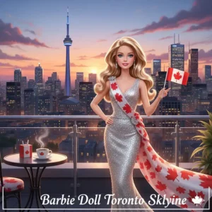 An illustration of a Barbie doll posed in front of the Toronto CN Tower and Canadian skyline.