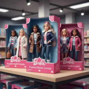 A stylized graphic of Barbie dolls Canada packaging featuring English and French text (Poupées Barbie).