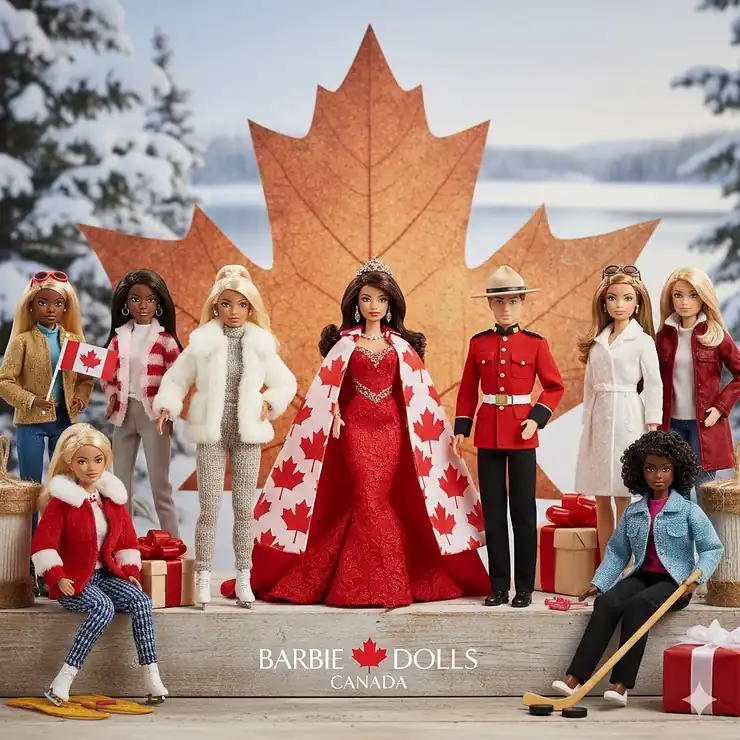 A diverse collection of Barbie dolls featuring the Barbie Signature Canada series and dolls in winter attire on a maple leaf backdrop.
