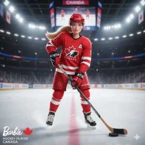 Illustration of a Barbie hockey player in a Team Canada jersey holding a hockey stick.