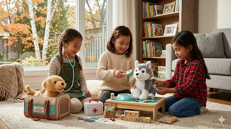 A diverse group of Canadian girls playing with interactive pet care toys in a cozy living room.