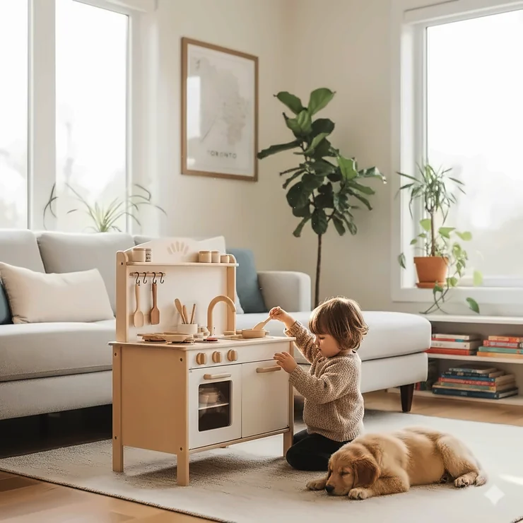 A toddler playing with a sustainable wooden play kitchen set in a sunlit Toronto living room, featuring modern Scandinavian design.