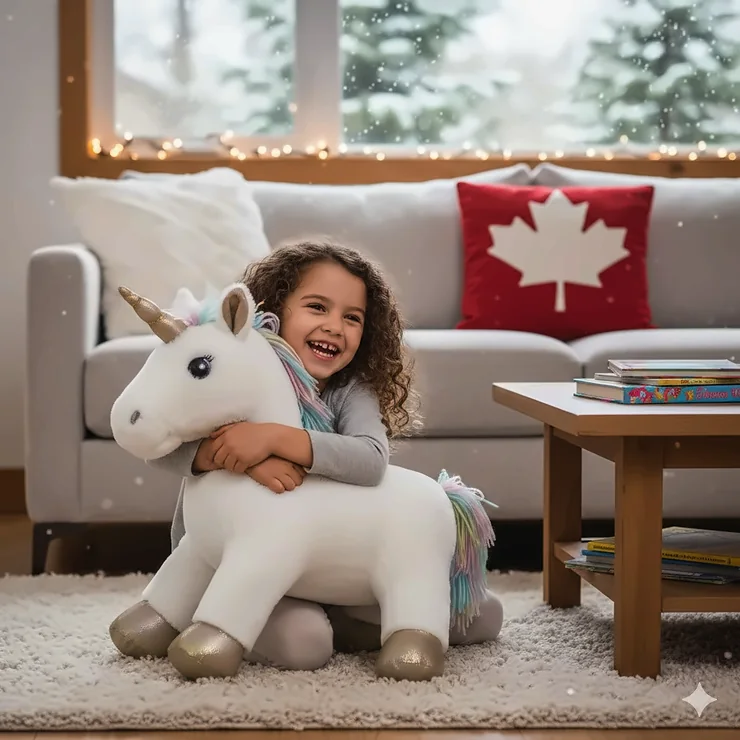A young girl playing with a plush unicorn toy in a cozy Toronto home setting, featuring top-rated unicorn toys for kids in Canada.