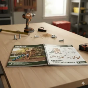 A bilingual English and French instruction manual for an adventure playset on a wooden workbench with tools.