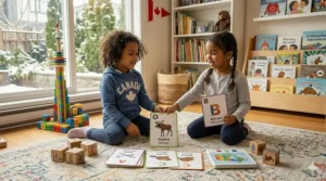 Educational toys for 3 year olds featuring English and French alphabet cards for Canadian bilingual development.
