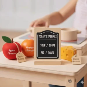 Close-up of play kitchen accessories featuring bilingual English and French labels, perfect for French Immersion students in Canada.
