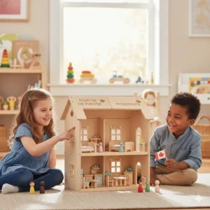 Children playing with a wooden dollhouse featuring bilingual English and French decorative elements.