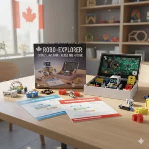 A STEM robotics kit featuring bilingual English and French instructions, ideal for French Immersion students in Canada.