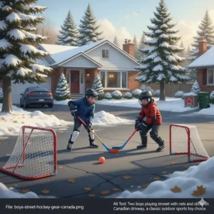 Two boys playing street hockey with nets and sticks on a Canadian driveway, a classic outdoor sports toy choice.
