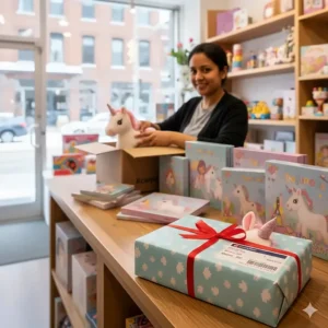 A gift-wrapped box of unicorn toys ready for fast shipping across Canada from a local toy shop.