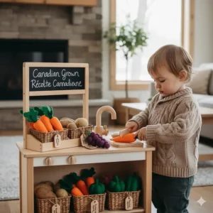 Farm-to-table play kitchen sets featuring felt garden vegetables and wooden cookware for eco-conscious Canadian parents.