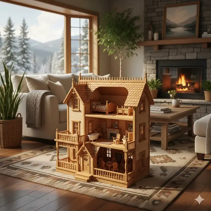 A large, heirloom-quality wooden dollhouse featured in a cozy Canadian living room with natural light.