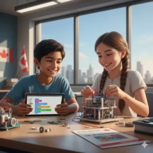 Two students working together on a programmable robot project, emphasizing teamwork and Canadian educational values.