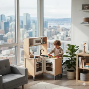 A space-saving corner play kitchen set designed for small Canadian apartments and urban condo playrooms.