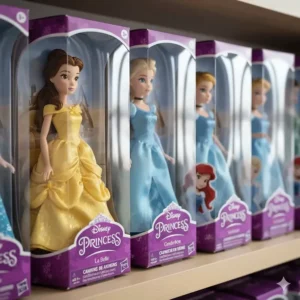 Close-up of Disney Princess dolls with English and French bilingual packaging for the Canadian market.