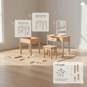 Graphic showing the easy assembly process for a kids makeup vanity set with a 1:1 scale hardware diagram.
