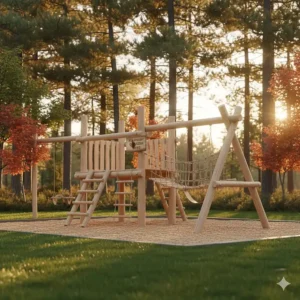 A sustainable adventure playset made of natural Canadian wood, situated in a forest-clearing backyard.