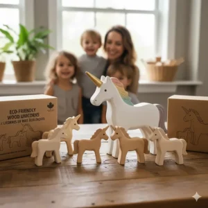 Sustainably made wooden unicorn toys crafted from eco-friendly materials, available for eco-conscious Canadian families.