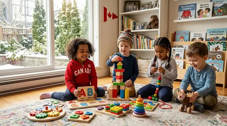 A diverse group of Canadian toddlers playing with Montessori-inspired educational toys for 3 year olds in a bright living room.