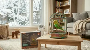 An interactive electronic bird toy in a colorful cage, a top-rated pet care toy for girls.