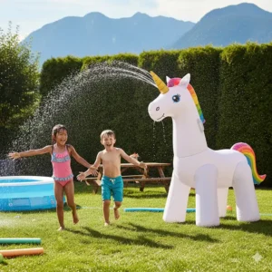 Kids playing with a giant inflatable unicorn sprinkler in a backyard in Vancouver during the Canadian summer.